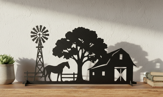 Freestanding Farm Silhouette (18″) — Powder-Coated Steel